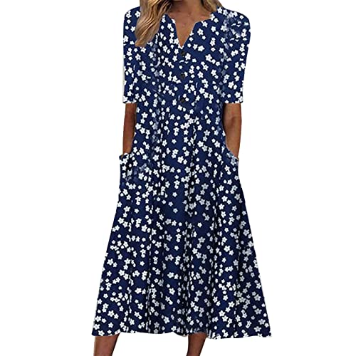 Jaihank Sommerkleid Damen Kleider Lässiges Einfarbiges Blusenkleid Mode Blumendruck Partykleid T-Shirt-Kleid mit Tasche Freizeitkleid mit V-Ausschnitt und halben Ärmeln Midikleid Urlaubskleid von Jaihank