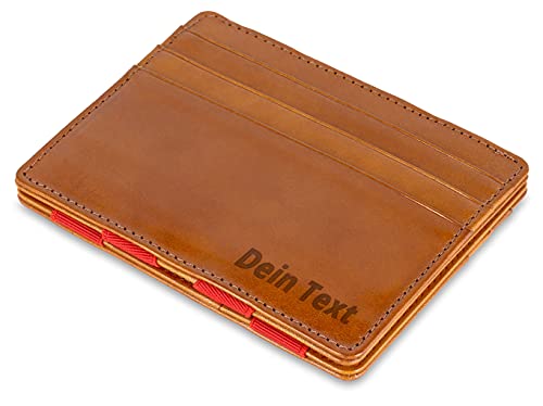 Jaimie Jacobs Flap Boy Slim mit Gravur - Das Original - Magic Wallet Magischer Geldbeutel Dünn Schmale Geldbörse Herren RFID Schutz Geldklammer Klein Slim Wallet Geschenk Leder (Cognac Braun mit Rot) von Jaimie Jacobs