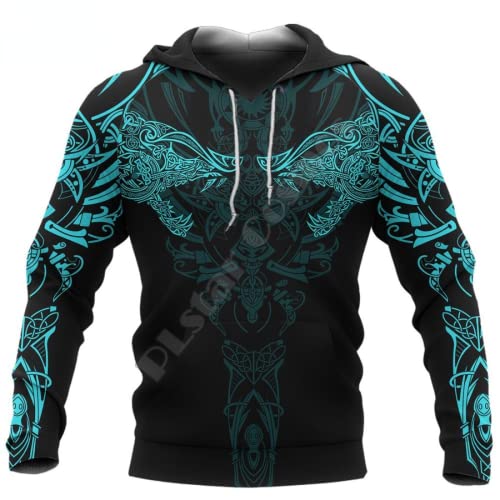 Jane Aigle Men's Zip Hoodie Viking Wolf Turquoise Tattoo 3D Printed Unisex Large Size Hoodie Sweatshirt Pullover Casual Tracksuit with Drawstring Pockets von Jane Aigle