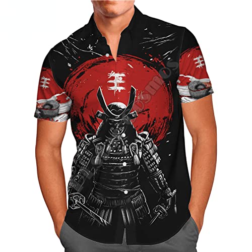 Jane Aigle Sommer Hawaii Kurzarm-Hemden Samurai Und Drache Tattoo 3D-Druck-Shirt Herren Casual Beach Shirt von Jane Aigle