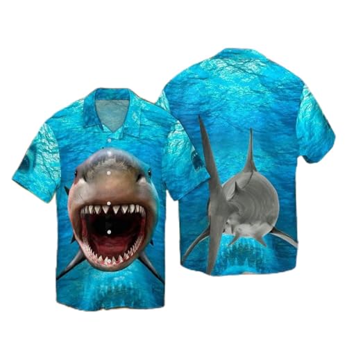 Jane Aigle Sommer Kurzarm Hemden Lustiger Hai 3D All Over Bedrucktes Hawaii Hemd Herren Casual Beach Shirt von Jane Aigle