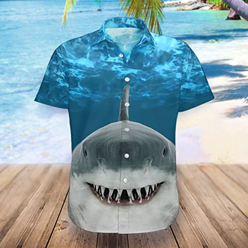 Jane Aigle Sommer Kurzarm Hemden Lustiger Hai 3D All Over Bedrucktes Hawaii Hemd Herren Casual Beach Shirt von Jane Aigle