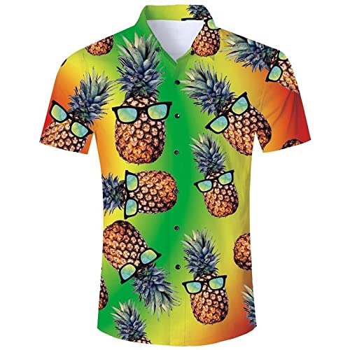 Jane Aigle Sommer Kurzarm Hemden Rot/Gelb Lustige Brille Ananas 3D Gedruckt Hawaii Hemd Herren Casual Shirt von Jane Aigle