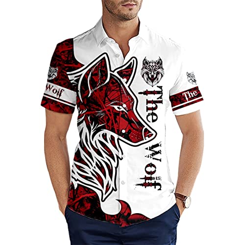 Jane Aigle Sommer Kurzarm-Hemden Tier Wolf Tattoo Rotes Muster 3D Allover Bedrucktes Hawaii-Hemd Herren Lässiges Strandhemd von Jane Aigle