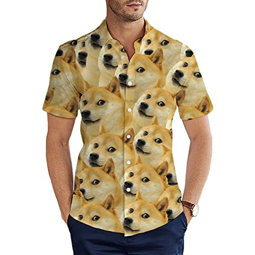 Jane Aigle Sommer Kurzarm Hemden Tiergott Hund/Shiba Inu Muster 3D All Over Bedrucktes Hawaii Hemd Herren Casual Shirt von Jane Aigle