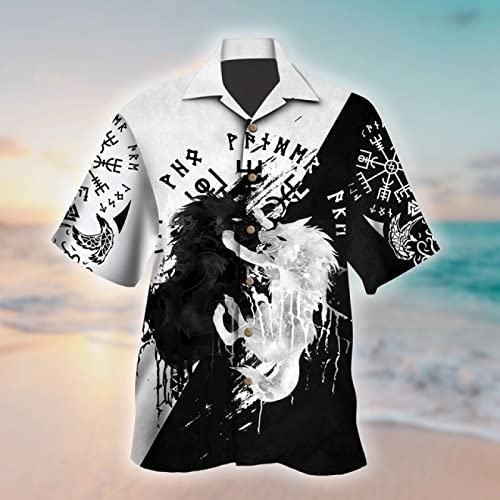 Jane Aigle Sommer Kurzarm-Hemden Wikinger-Drache Odin Rabe Tattoo 3D All-Over Bedrucktes Hawaii-Hemd Herren Lässiges Strandhemd von Jane Aigle