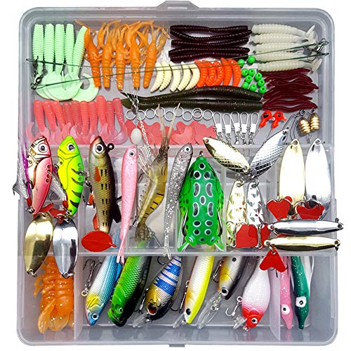 JasCherry Kunstköder mit Einer Tackle Box, Angeln Köder Gemischt, Enthält Spinnerbaits, Hartköder, Plastikwürmer, Frösche, VIB, Höhenhaken, Einzelhaken, Wirbel, Zangen usw von JasCherry