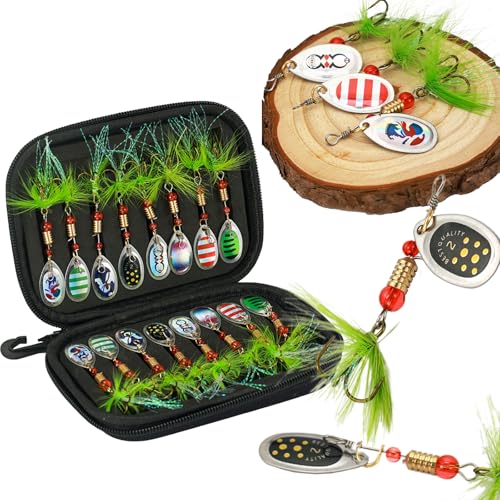 JasCherry Pailletten-Spinner-Angelköder-Set, lebensechte rotierende Angelköder aus Metall, Wobbler-Set, Angelgerät, scharfe Drillinge, 16-teiliges Angelzubehör-Set mit Aufbewahrungsbox von JasCherry