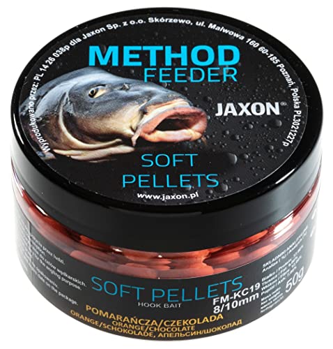 Jaxon Soft weiche Pellets 8/10mm 50g für Method Feeder Methode Karpfenangeln Karpfenfischen Grundfutter (Orange-Schokolade/FM-KC19) von Jaxon