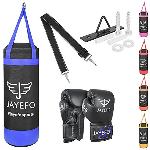 Jayefo Boxsack und R6 Handschuhe Set für Kinder und Kinder - Boxsack mit Aufhängegurten und Handschuhen für Boxen, MMA, Karate, Judo, Muay Thai, Kickboxen - Blau von Jayefo