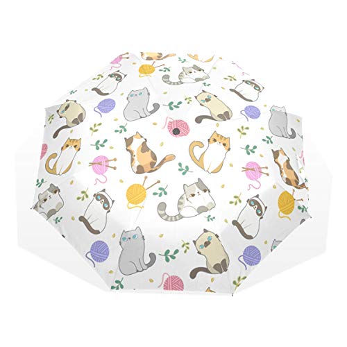 Jeansame Faltbarer Regenschirm mit Katzen-Motiv und weißen Blumen, für den Sommer, für Damen, Herren, Kinder, Jungen und Mädchen von Jeansame