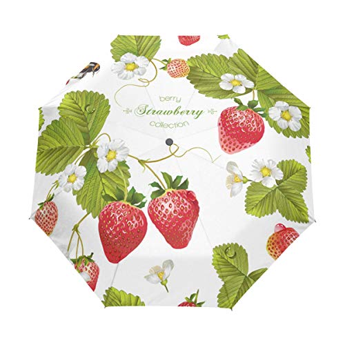 Jeansame Faltbarer kompakter Regenschirm mit Erdbeer-Blumen- und Blumenmotiven, automatisch, für Damen, Herren, Kinder, Jungen und Mädchen von Jeansame