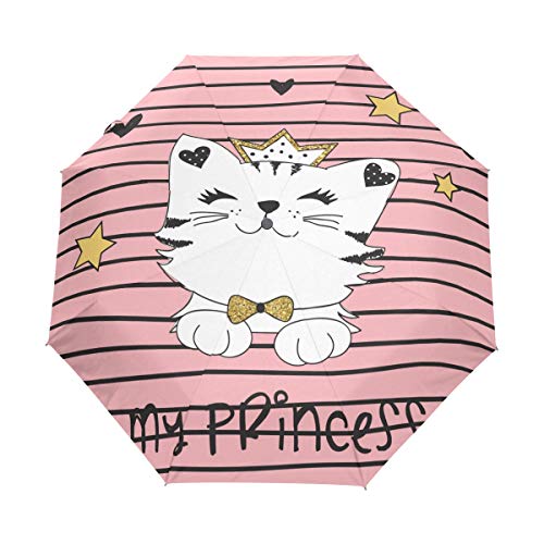 Jeansame Faltbarer kompakter Regenschirm mit niedlichem Katzen-Prinzessinnen-Motiv, automatisch, für Damen, Herren, Kinder, Jungen und Mädchen von Jeansame