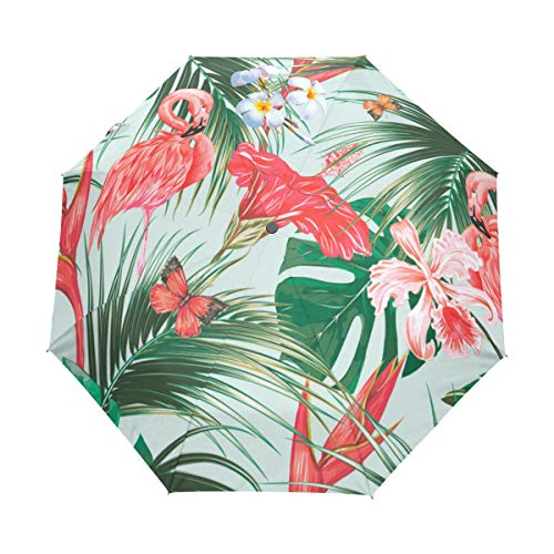 Jeansame Flamingo Vogel Tropische Palmenblätter Blumen Falt-Regenschirm Automatischer Regenschirm für Damen Herren Jungen Mädchen von Jeansame