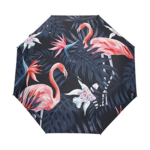Jeansame Flamingo Vogel Tropische Palmenblätter Blumen Vintage Retro Falt-Regenschirm Automatischer Regenschirm für Damen Herren Jungen Mädchen von Jeansame