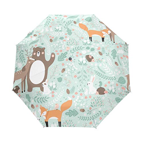 Jeansame Frühling Elch Hirsch Bär Fuchs Kaninchen Tier Zusammenklappbar kompakt Regenschirm Automatik Regenschirm für Damen Herren Kinder Jungen Mädchen von Jeansame