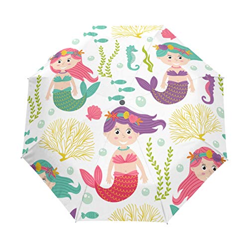Jeansame Meerjungfrau-Regenschirm, zusammenklappbar, kompakt, automatischer Regenschirm für Damen, Herren, Kinder, Jungen, Mädchen von Jeansame
