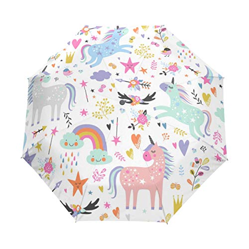 Jeansame Niedlicher Regenbogen Cartoon Einhörner Faltbarer kompakter Regenschirm Automatischer Sonne Regen Regenschirme für Frauen Männer Kinder Jungen Mädchen von Jeansame