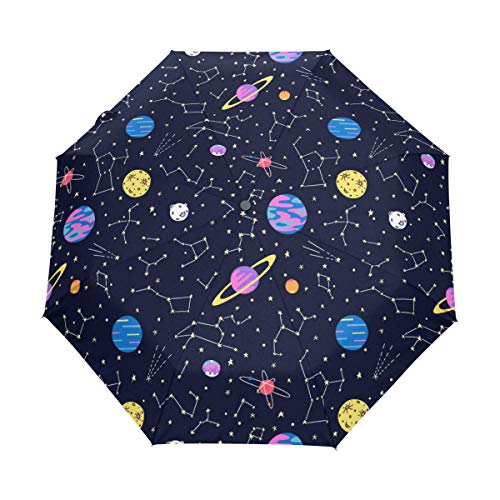 Jeansame Planet Regenschirm mit Sternen, Mond, Sonne, Rakete, Galaxie, Weltraum, Universum, zusammenklappbar, kompakt von Jeansame