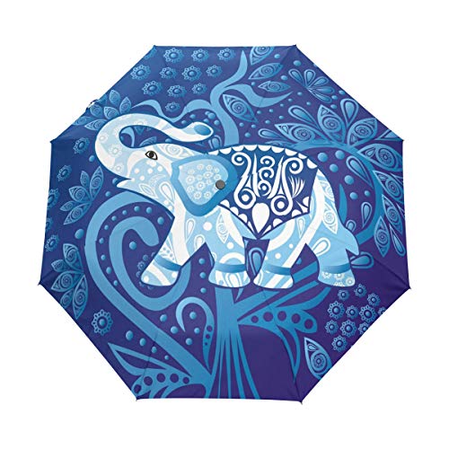 Jeansame Regenschirm mit Elefantenmotiv, ethnisches Mandala, zusammenklappbar, kompakt, automatisch, für Damen, Herren, Kinder, Jungen und Mädchen von Jeansame