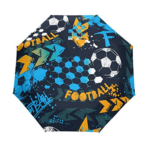 Jeansame Regenschirm mit Fußball-Motiv, Wasserfarben, zusammenklappbar, kompakt, automatisch, Regenschirme für Damen, Herren, Kinder, Jungen und Mädchen von Jeansame