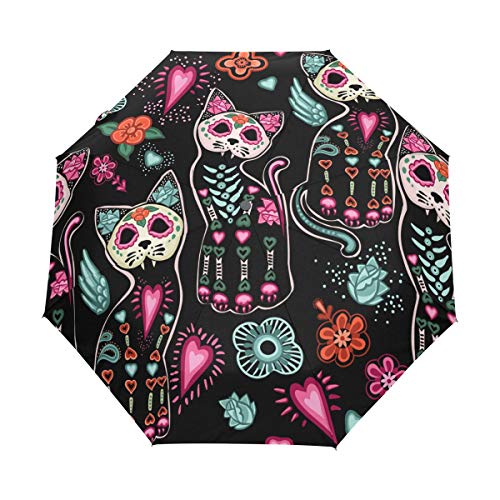 Jeansame Regenschirm mit Totenköpfen und Katze, Vintage-Stil, zusammenklappbar, kompakt, automatisch, für Damen, Herren, Kinder, Jungen und Mädchen von Jeansame