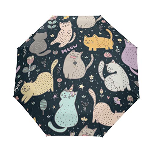 Jeansame Faltbarer kompakter Regenschirm mit niedlichem Katzen-Tiermotiv, automatischer Regenschirm, für Damen und Herren von Jeansame