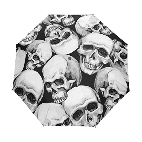 Jeansame Schwarzer und weißer Halloween-Regenschirm mit Totenköpfen, zusammenklappbar, kompakter Regenschirm für Damen und Herren von Jeansame