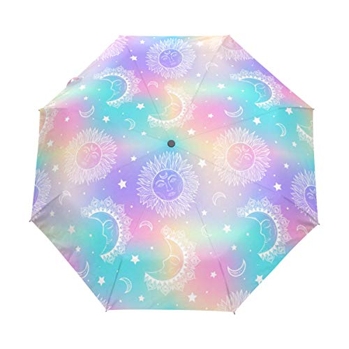 Jeansame Sonnenschirm Mond Sterne Regenbogen Galaxie Weltraum Universum Zusammenklappbar kompakt Regenschirm Automatischer Regenschirm für Damen Herren Kinder Jungen Mädchen von Jeansame