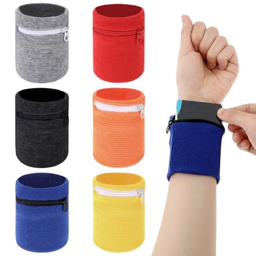 Jeffdad Schweißband Handgelenk, 6 Stück Handgelenktasche mit Reissverschluss Handgelenk-Brieftasche Sport Schweißband Wrist Wallet Atmungsaktive Lauf Handgelenktasche Schweißband von Jeffdad