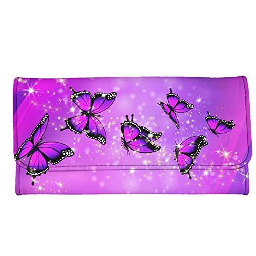 Jeiento Dreifach gefaltete Ledergeldbörse für Damen, Geldbörse mit Münzfach, Kartenfächern, Einkaufen, praktische Geldklammern, Clutch, Handyhalter, Schmetterling-Violett, L, Casual von Jeiento