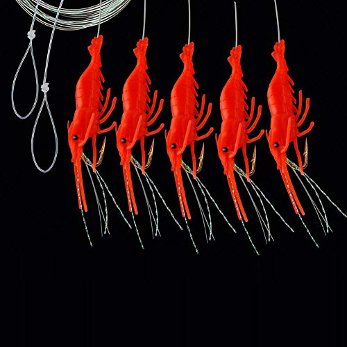 Jenzi DEGA Makrelen-Shrimp Vorfach, mit 5 Seitenarmen, attraktive Shrimp-Imitate, Länge 150cm, Schnur 0,50mm, Hakengröße 1/0, 2 Farben zur Auswahl (Rot-Orange) von Jenzi