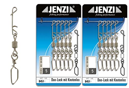 Jenzi Set: 2 Packungen (insgesamt 10 Wirbelkarabiner) Knotenlos Schnurverbinder mit Wirbel und Duo-Lock Karabiner+ gratis Petri Heil! Aufkleber (15 kg) von blntackle76