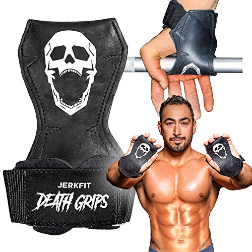 JerkFit Death Grips Ultra Premium Hebebänder für Kreuzheben, Klimmzüge, schwere Achselzucken | Hebegriffe mit gepolsterter Auflage | Handflächenschutz und erhöhter Griff für schwere Hebebühnen (L) von JerkFit