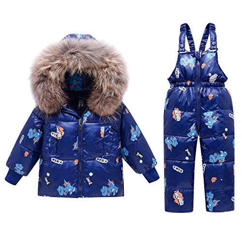 2 Stück Jungen Winter Schneeanzug, Mädchen mit Kapuze Entenjacke + Schnee Lätzchenhose Dinosaurier Kinder Kleidung Sets Blau 18-24 Monate von JiAmy