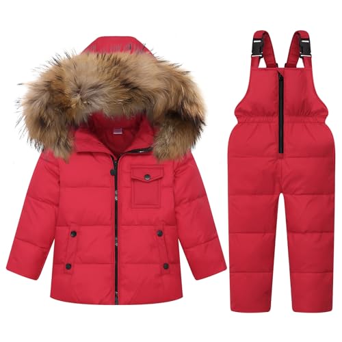 Kinder Bekleidungsset Junge Mädchen Süß Schneeanzug mit Kaputze Daunenjacke + Skihose 2tlg Verdickte Skianzug Winterjacke, Rot 3-4 Jahre von JiAmy