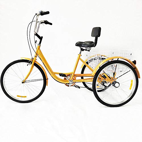 Jintaihua 24" 6Gang Dreirad Erwachsene Fahrrad Cruise Senioren 3 Räder Einkauffahrrad+Korb (Yellow Without Light) von Jintaihua
