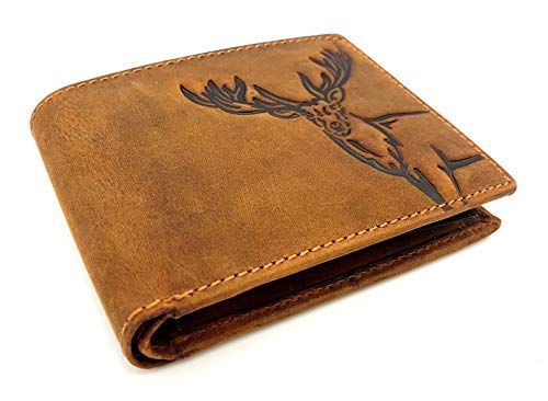 echt Büffel Voll-Leder Geldbörse für Männer, naturbelassenes Hunterleder Portemonnaie mit RFID NFC Schutz Hirsch von Jockey Club