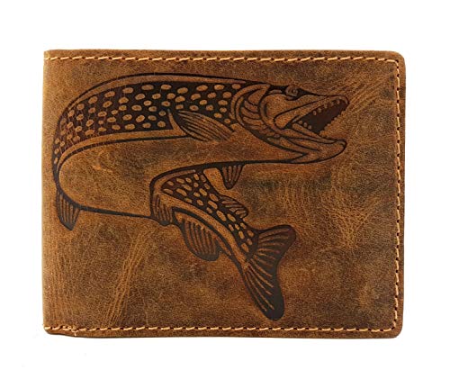 echt Leder Geldbörse quer Hunterleder Portemonnaie Anglerbörse mit RFID Schutz Fisch Hecht von Jockey Club