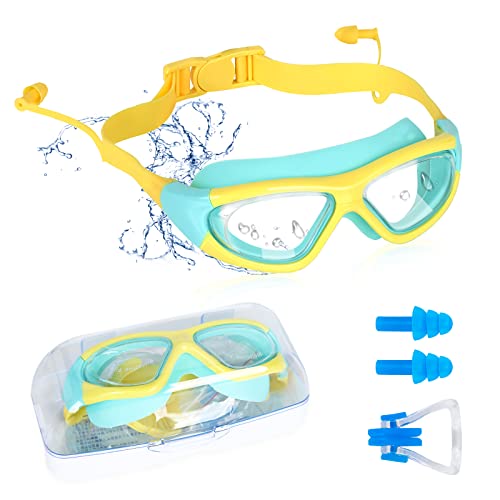 Schwimmbrille, Unisex Antibeschlag Schwimmbrillefür Kinder Taucherbrille mit Ohrstöpseln, Nasenclip, UV-Schutz Weitsicht-Kinderbrille für Kinder, Jungen, Mädchen(Gelb) von Jodsen