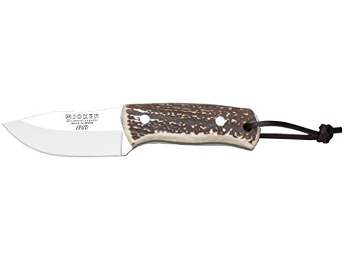 Joker CC75 Bushcraft Erizo Messer, mit Hirschhorngriff, Gürtelmesser mit 7,5 cm MOVA Stahlklinge, inkl. Lederscheide, Werkzeug zum Angeln, Jagen, Camping und Wandern von Joker