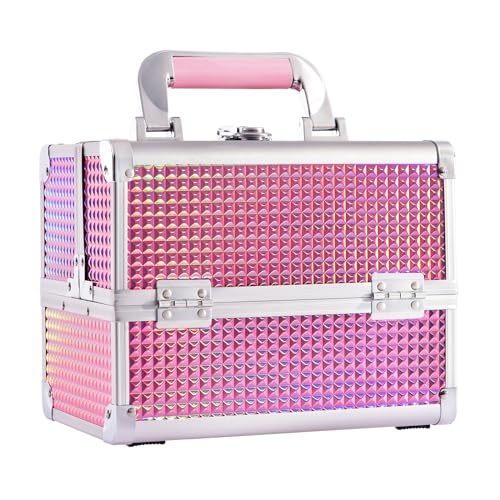 Joligrace Kosmetikkoffer, Make-up-Organizer, Kosmetikkoffer, mit Spiegel, abschließbar mit Schlüsseln Pink Holografisches Pink m von Joligrace