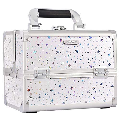 Joligrace Kosmetikkoffer Make-up Organizer Box Beauty Storage Zug Case Vanity Box mit Spiegel abschließbar mit Schlüssel, Weißer holografischer Stern von Joligrace