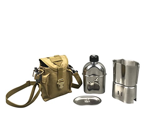 Jolmo Lander US Militär komplettes Kochset Edelstahl US Feldflasche Set,mit Feldflasche1.2L,Becher 0.8L, Kocher,Hülle (Coyote tan) von Jolmo Lander