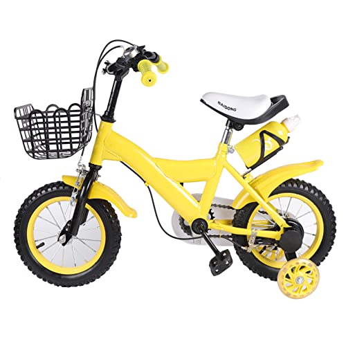 12-Zoll-Kinderfahrrad, Jungen- und Mädchen-Kinderfahrrad, Doppel-Brems-Kinderfahrrad, mit Stützrädern Aufbewahrungskorb, gelb. von Jolre
