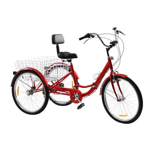 Jolre 24" Dreirad für Erwachsene, Trike, 3-Rad-Fahrrad, 7-Gang mit LED-Licht Gemüsekorb und Becherhalter, faltbares Dreirad, Klapprad, Faltrad, Freizeit-Einkaufsmobilität, Citybike. (Rot) von Jolre