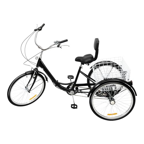 Jolre 24-Zoll-Dreirad für Erwachsene, klappbares Dreirad, 7-Gang-3-Rad-Fahrrad, Senioren-Dreirad, Einkaufs-Dreirad, Freizeit-Fahrrad mit Rückenlehne und Korb. von Jolre