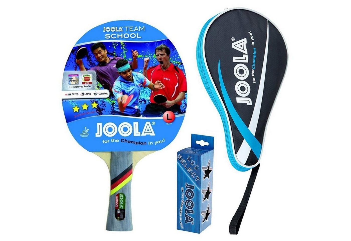 Joola Tischtennisschläger Team School + Pocket blau + 3 Bälle, Tischtennis Schläger Set Tischtennisset Table Tennis Bat Racket von Joola