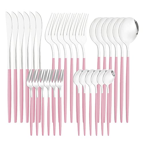 Jorzer Besteck Set Geschirr Set Edelstahlbesteck Set Silber Wohnung Löffel Messer und Gabelstätte Besteck Utensil Set für Küche (Rosa) 30 stücke von Jorzer