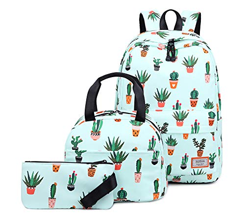 Joymoze Wasserbeständige Büchertasche für Jugendliche Mädchen mit Tasche für Mittagessen und Mäppchen Kaktus von Joymoze
